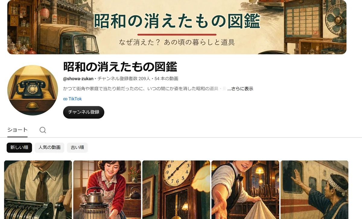 AI生成のショート動画チャンネル「昭和の消えたもの図鑑」のYouTubeチャンネル画面。登録者209人、54本の動画が並んでいる