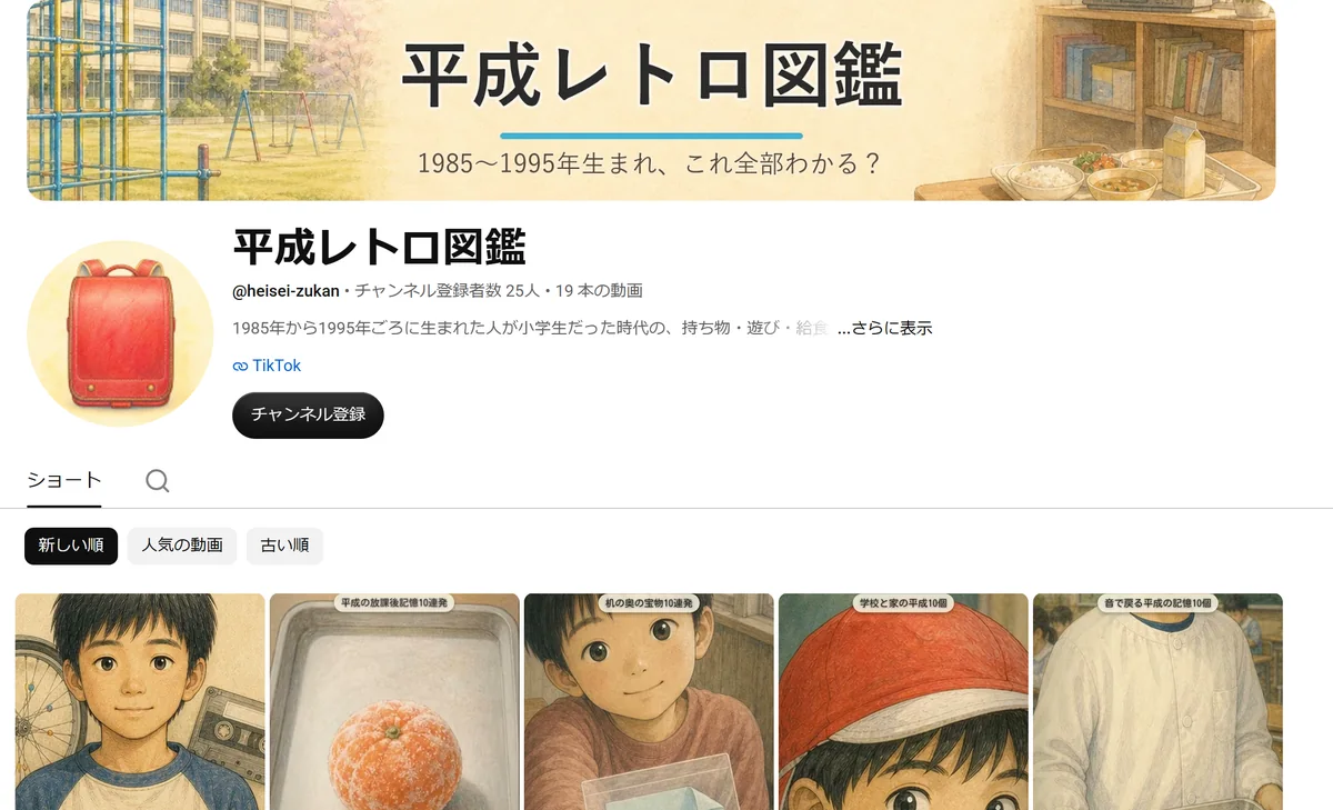 開設8日目の「平成レトロ図鑑」のYouTubeチャンネル画面。登録者25人、19本の動画が並んでいる